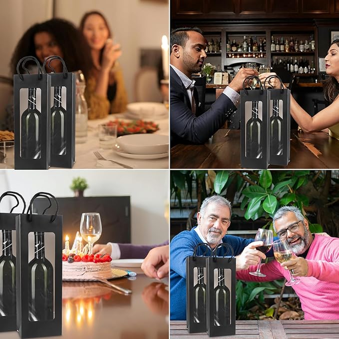 Cyblinia 20 Pack Wine Gift Bags Paper Wine Bags 14.2 x 4.9 x 3.4 Inch Wine Bottle Bags with Clear Window for Weddings, Valentine's Day, Birthday, Party