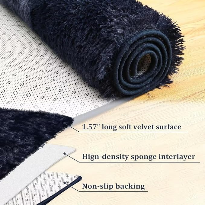 Bedroom Rug 2x6 Runner Rugs Fluffy Shaggy Bedside Hallway Entryway Rugs Soft Plush Floor Carpet for Nursery Kids Room Non Slip Fuzzy Rug Shag Faux Fur Rug for Living Room, Tie Dye Navy