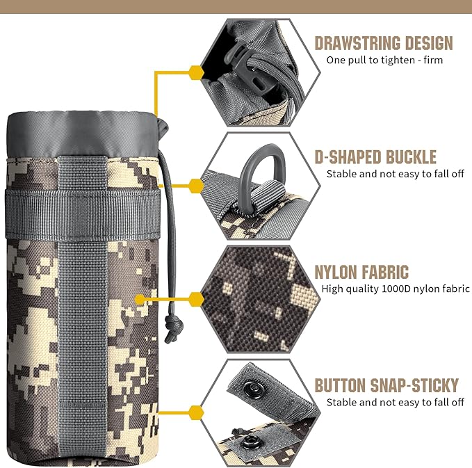 IronSeals Adjustable Tactical Water Bottle Pouch Foldable MOLLE Water Bottle Holder Drawstring Open Top Travel Water Bottle Bag