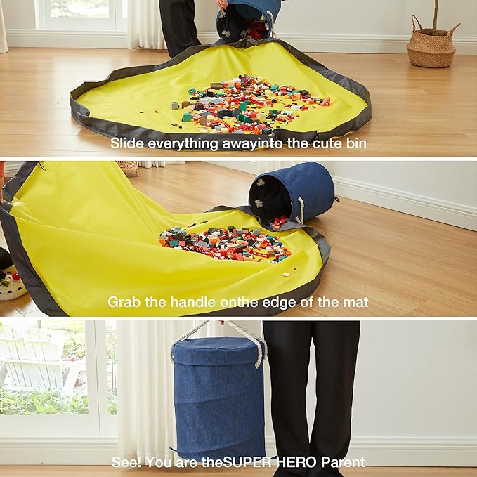 EXQ Home Toy Storage Basket and Building Bricks Toy Play Mat for Kids Rooms (11.8 x15 inches) - Organizer Storage Organizer for Toys, Playroom Canvas Bag Gift for Boy/Girls Navy Blue