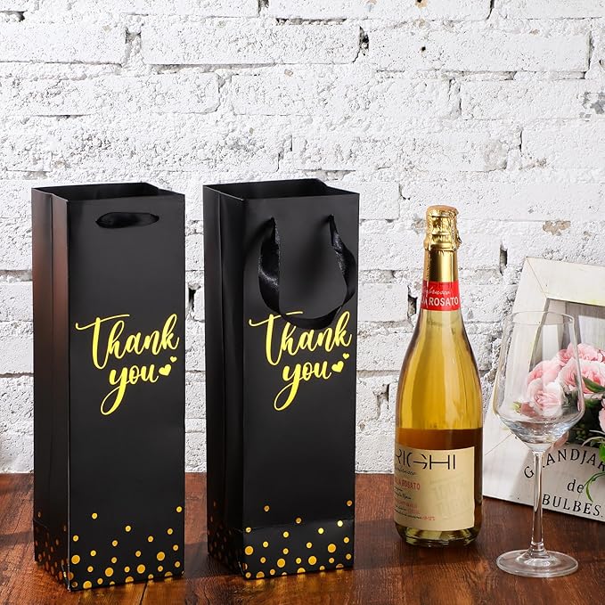 Ctosree 30 Pcs Wine Gift Bag for Wine Bottle Wedding Wine Thank You Gift Bag with Metallic Gold Foil Print Kraft Wine Paper Favor Bag with Attractive Rope Handle for Graduation Bottle(Black)