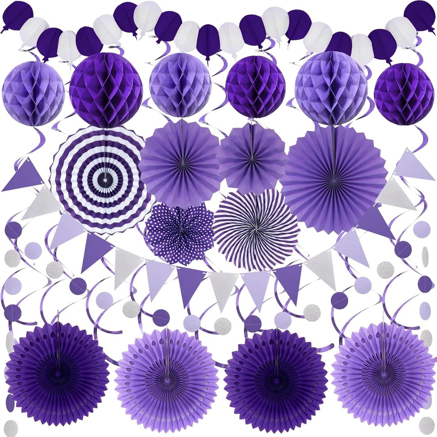 Purple Party Decorations, Birthday Party Supplies Easy Assembly Paper Fan Honeycomb Ball Garland Hanging Swirl for Graduation Birthday Baby Shower Bridal Shower Wedding Party Decorations