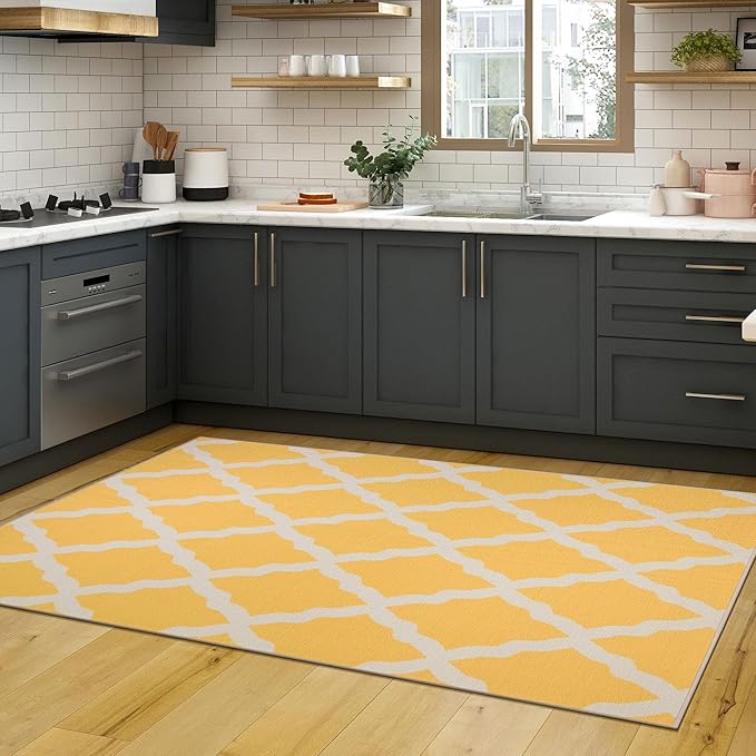 Machine Washable Moroccan Trellis Design Non-Slip Rubberback 5x7 Traditional Indoor Area Rug for Living Room, Bedroom, Dining Room, 5' x 6'6", Yellow