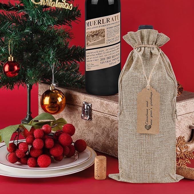 EVRWO Burlap Wine Bags 12 Pcs Wine Bottle Gift Bags Reusable Gift Bags With Drawstrings Tags & Ropes for Holiday Weedings Party, Birthdays, Travel, Blind Tastings, Home Storage 750ml (Natural)