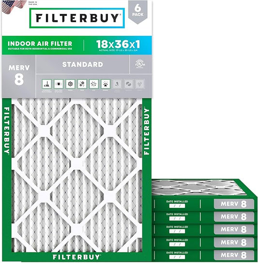 Filterbuy 18x36x1 Air Filter MERV 8 Dust Defense (6-Pack), Pleated HVAC AC Furnace Air Filters Replacement (Actual Size: 17.50 x 35.50 x 0.75 Inches)