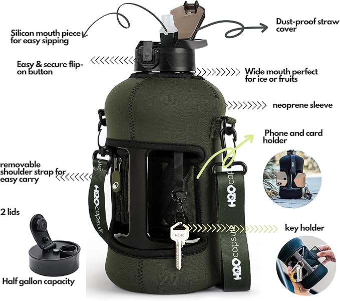 H2O Capsule 2.2L Half Gallon Water Bottle with Storage Sleeve and Covered Straw Lid – BPA Free Large Reusable Drink Container with Handle - Big Sports Jug, 2.2 Liter (74 Ounce)
