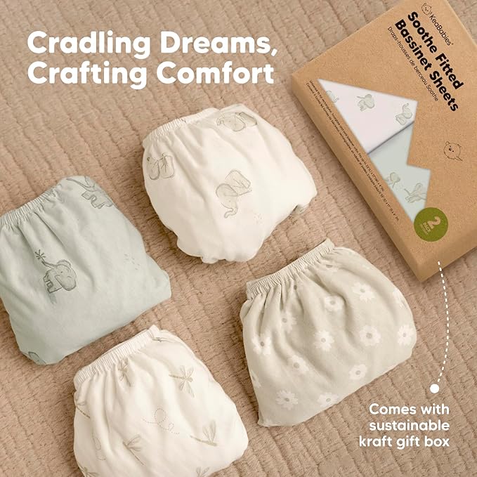 2-Pack Organic Bassinet Sheets for Girls, Boys - 100% Cotton Bassinet Mattress Sheets Compatible with Halo Bassinest Swivel Sleeper, Graco, Baby Delight, Chicco, Unisex Fitted Bassinet Sheets (Sage)