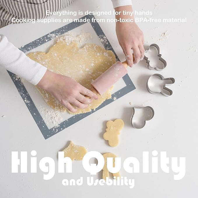 Kids Baking Set with Elegant Matching Apron for Child and Adult, Storage case, Real Working Utensils, Cookie Cutters, and Baking Supplies