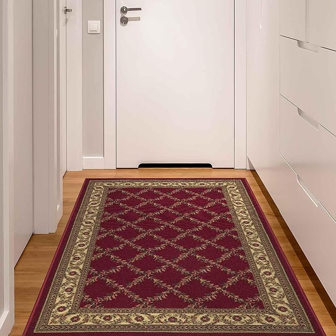 Ottomanson Machine Washable Trellis Design Non-Slip Rubberback 5x7 Modern Area Rug for Living Room, Bedroom, Dining Room, Office, 5' x 6'6", Red Trellis