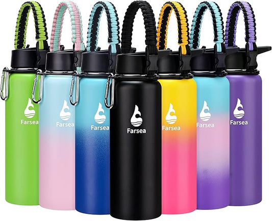 Farsea Insulated Water Bottle with Straw Lid & Spout Lid & Paracord Handle, Stainless Steel Water Bottle Wide Mouth, Double Wall Sweat-Proof BPA-Free, 40 oz, Black