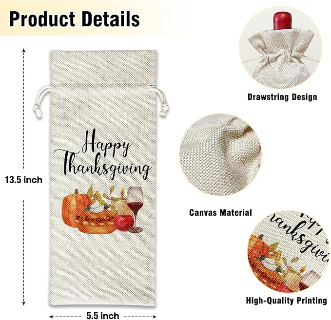 Pumpkin Wine Canvas Bag, Thanksgiving Wine Gift Bag, Thanksgiving Gifts for Men Friends Autumn Harvest Party Wine Bags for Wine Bottles, Wine Gifts With Drawstring Holiday Fall Party Decoration -WB39