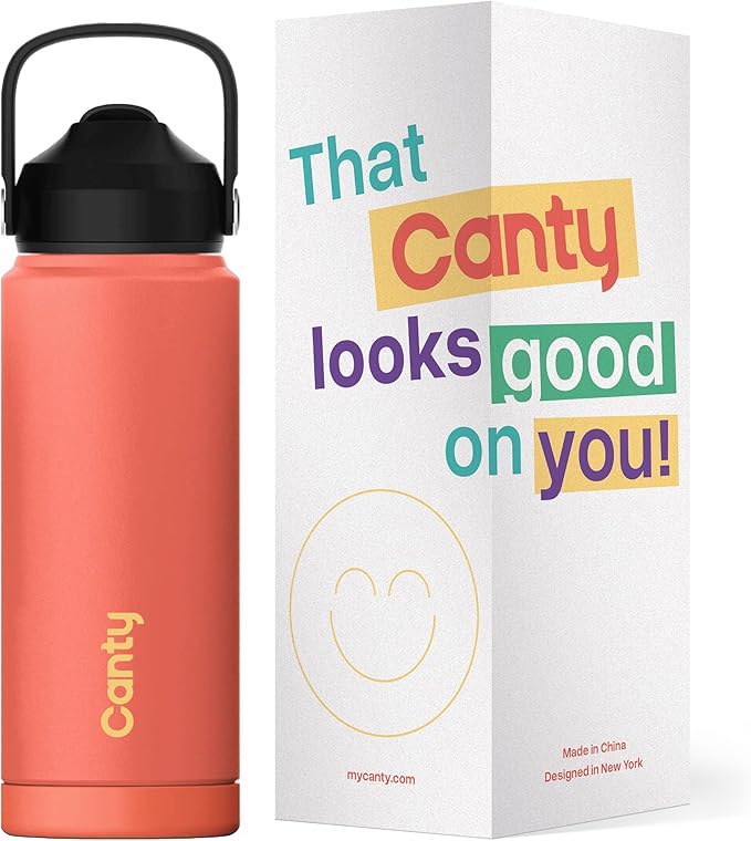 Canty Stainless Steel Water Bottle with Straw, Anti-Slip Base and Giftable Full Colored Box, Great for Travel (Coral, 24 Oz)