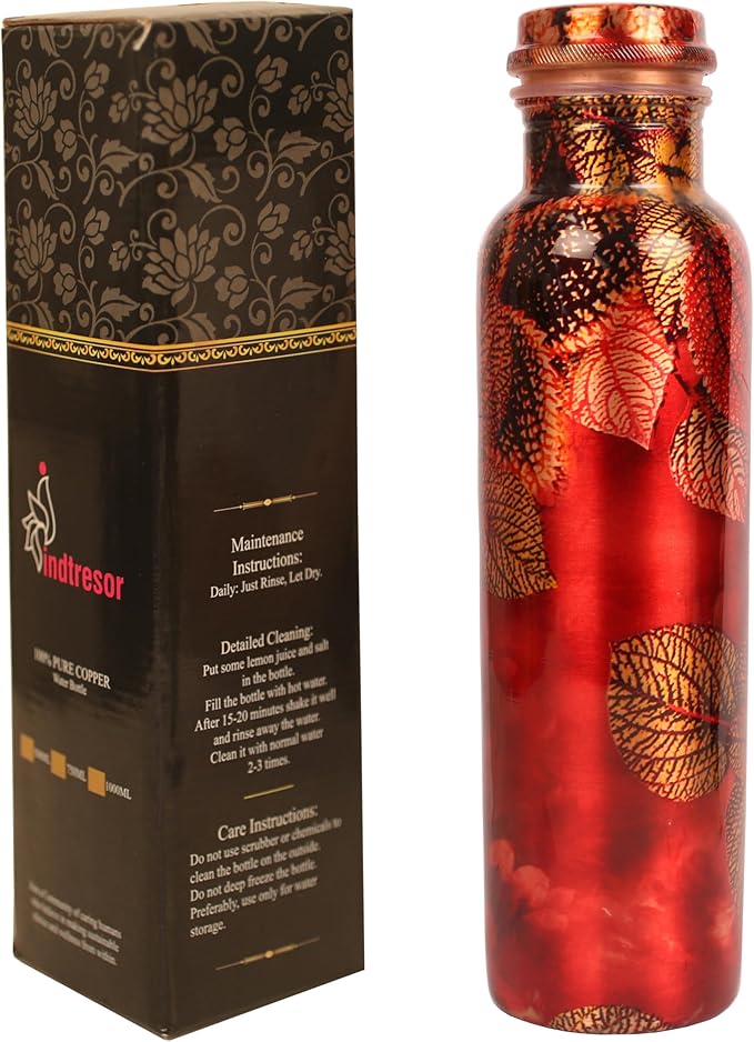Pure Copper Water Bottle - Handcrafted - Ayurveda health benefits - Large 35 oz - Leak proof - Easy to carry for Sports, Fitness, Yoga, School - Red and Black Pretty Petals Motifs Enamel
