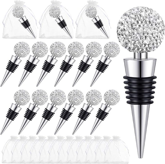 Crystal Wine Bottle Stopper Diamond Wine Stoppers Reusable Zinc Alloy Silicone Beverage Saver Corks Wine Decorative Bottle Stoppers with Sheer Bags for Wedding Bar Gifts(Silver,12 Set)