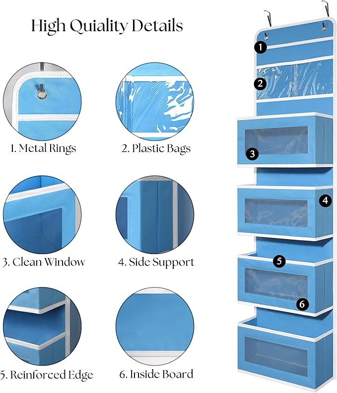 Heavy Duty Over Door Organizer, Wall Mount Hanging Organizer Storage with 4 Large Capacity Pockets, Closet Bathroom Nursery Bedroom Dorm, Toys Cosmetics Sundries and Baby Essentials, Blue