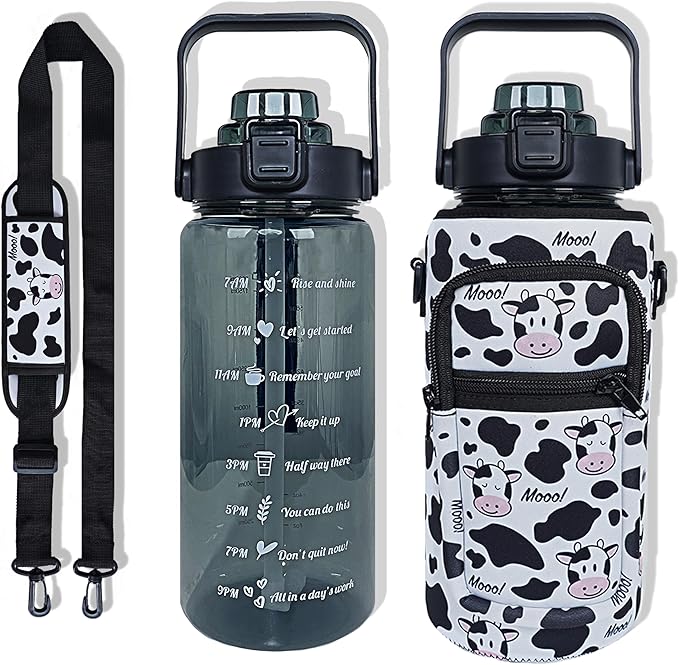 64 oz Water Bottle with Straw Sleeve & Strap Motivational Half Gallon Water Jug with Handle for Gym Women Men Aesthetic Water Bottle with Strap