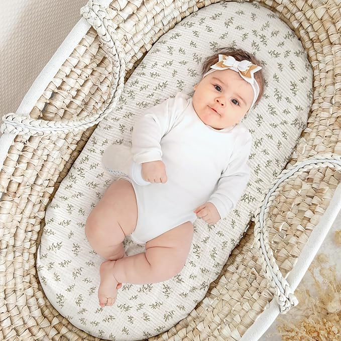 Muslin Bassinet Sheets Baby: Cotton Bassinet Sheets Fitted for Boys and Girls - Bassinet Sheets for Oval Rectangle or Hourglass Mattress(Lotus Leaf)