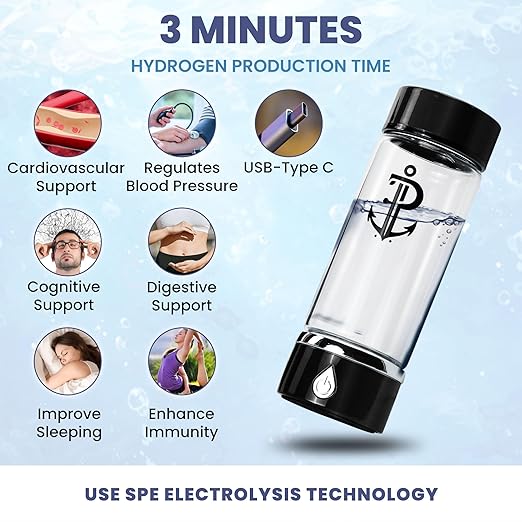 Hydrogen Water Bottle Generator | Durable SPE PEM Electrolysis Technology Hydrogen Water in 3 Min | Portable Water Quick Ionizer Machine for Home, Office, Travel, Exercise, Daily Use & Gifts (Black)
