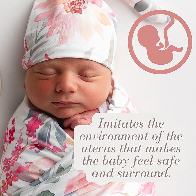 Newborn Baby Girl Receiving Blanket Swaddle Blanket Stretchy Knit Swaddle Set with Matching Headband Beanie with a Name Card (Pink Floral Ink Leaf)
