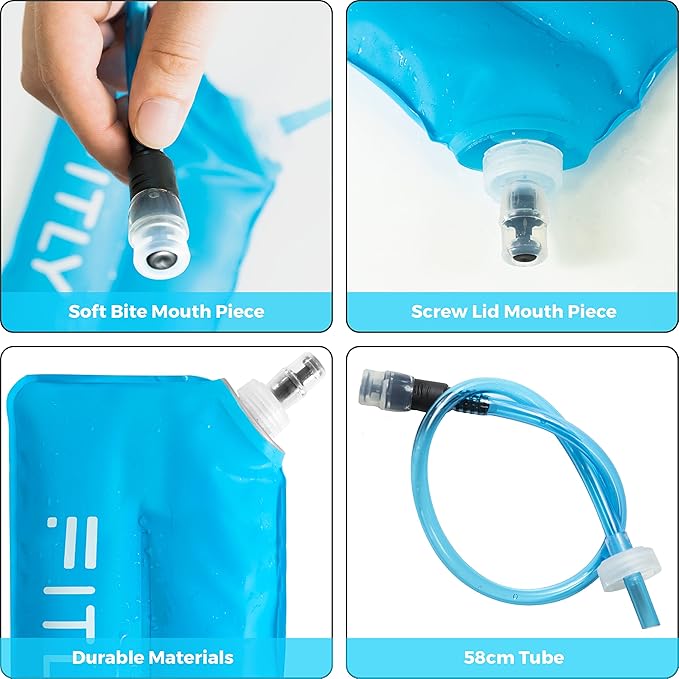 Soft Flask - 37 oz (1.10 L) - Shrink As You Drink Soft Water Bottle for Hydration Pack/Running Vest With Hydration Tube - Folding Water Bottle for Running, Hiking - Ski Water Bottles (F11)