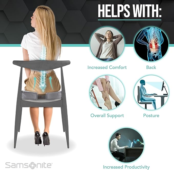 SAMSONITE, Orthopedic Seat Cushion for Office Chair or Car Seat [HIGH GRADE - MEMORY FOAM], Versatile Supportive Pillow with Soft Plush Cover [2.75" THICKNESS], Gray…