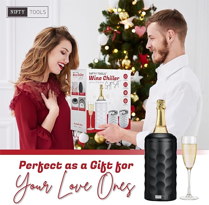 Portable Double Wall Insulated Vacuum Stainless Steel Wine Champagne Bottle Chiller gift set w/two tumblers (Black)