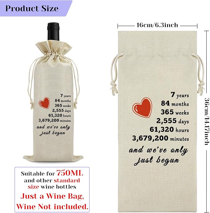 7th Year Marriage Gift for Couple Wife Husband Wine Bag 7th Anniversary Wedding Gift for Women Men Wine Gift Bag Birthday Christmas Valentine Gift for Him Her Drawstring Wine Wrapping Bag