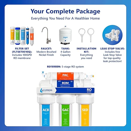 Express Water Reverse Osmosis Water Filtration System – 5 Stage RO Water Filter System with Faucet and Tank – Under Sink Water Filter – 100 GPD