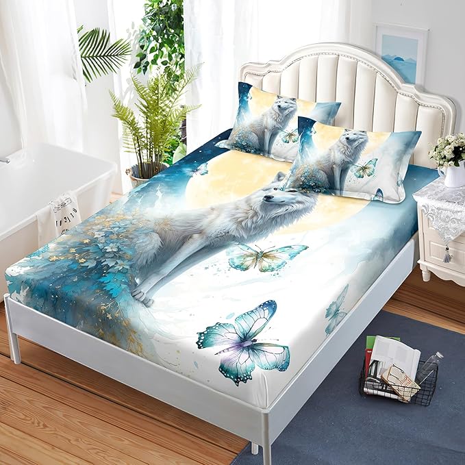 AILONEN Wolf Fitted Sheet Set Full Size, Blue Tie Dye Wolf Bed Sheet Set Decor,3 Pieces Moon Wolf Sheet Set,Modern Watercolor Wolf and Butterfly Fitted Sheet with 2 Pillowcases