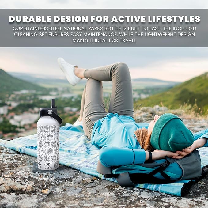 National Parks Water Bottle - Engraved Parks of the USA Bucket List Water Bottle - 63 National Park Stickers, Straw, Cleaning Set - Vacuum Sealed Stainless Steel Water Bottle - 32oz (White)