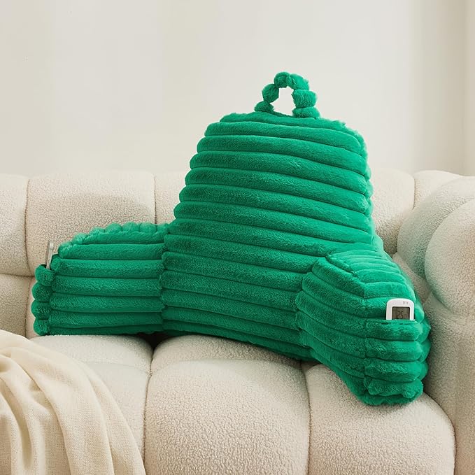 WERDIM Reading Pillow for Sitting in Bed, Faux Fur Back Pillow for Bed Rest, Bed Chair Pillow with Arms and Pockets(Standard, Emerald)