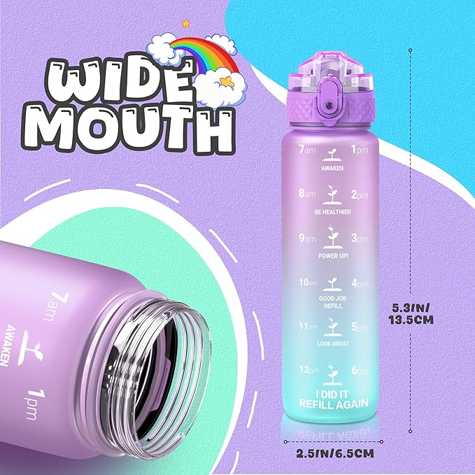 OLDLEY Kids Water Bottle for School, 17 oz (2 lids) BPA-Free Reusable Leak-proof Durable Tritan Plastic Water Bottles with Straw & Chug Lids, Anti-dust Spout Cover (Macaroon)