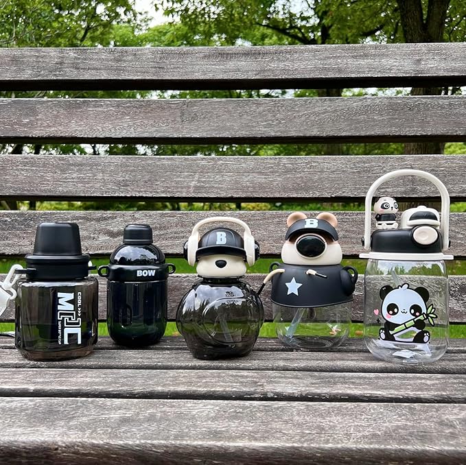 Black Leak-Proof Water Bottle with Flip Top Reusable Plastic Drinking Bottle for School, Gym and Workout (Bear with Earphone)