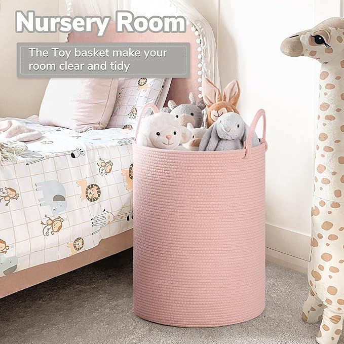 INDRESSME Pink Laundry Basket for Girls Kids Laundry Hamper for Nursery, Woven Rope Storage Basket for Living Room Girls room, Tall Basket for Blanket Storage Toys Bin, 19.7 x 13.8 inches