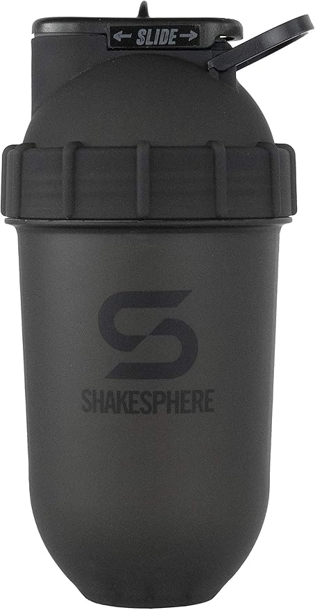 SHAKESPHERE Tumbler: Protein Shaker Bottle and Smoothie Cup, 24 oz - Bladeless Blender Cup Purees Raw Fruit with No Blending Ball - Drink Powder Mix Shake Mixer for Pre Workout, Gym (Frosted Black)
