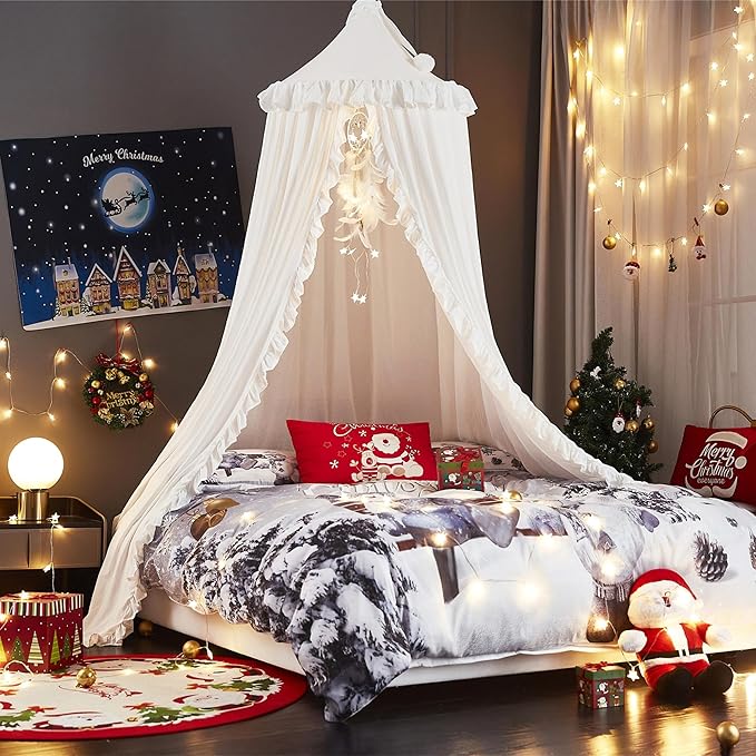 VETHIN Bed Canopy for Girls Kids,Princess Round Dome Children Dreamy Mosquito Net Bedding Girls Room Castle Play Tent Hanging House Decor Reading Nook Canopies (White)