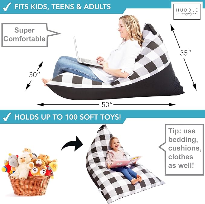 Stuffed Animal Bean Bag Storage - Machine Washable Bean Bag Chair for Kids - Extra Large Cover for Stuffing with Plush Toys, Pillows, Soft Items - Stuffed Animal Holder for Boys & Girls - Gingham