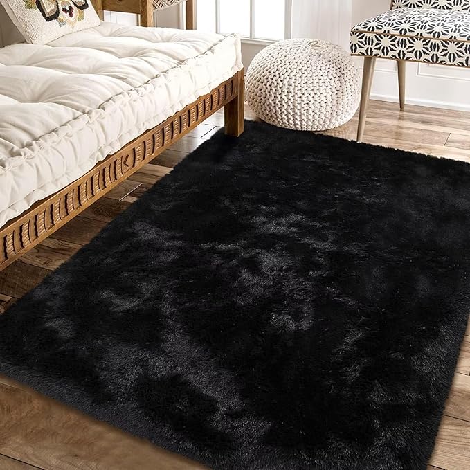 Fluffy Area Rug 10x13 Large Shaggy Throw Carpet for Bedroom Living Room Ultra Soft Non Slip Indoor Floor Cover for Nursery Kids Room Non Shedding Fuzzy Rug for Kids Playroom Home Decor, Black