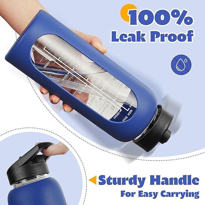 SIEROZUR 32 oz Glass Water Bottle with Straw and Handle Large Sports Motivational Water Bottle with Time Marker and 2 Lids, Leakproof Reusable Water Jug with Silicone Sleeve for Gym