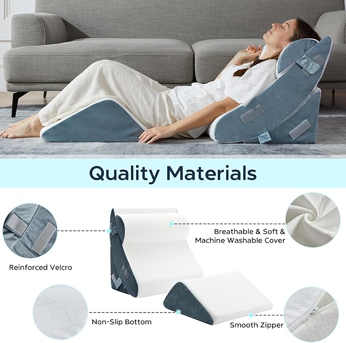 4pcs Orthopedic Bed Wedge Pillow for Sleeping, Memory Foam Pillows Set for Post Surgery, Back and Leg Pain Relief, Triangle Adjustable Support Pillow with Travel Bag