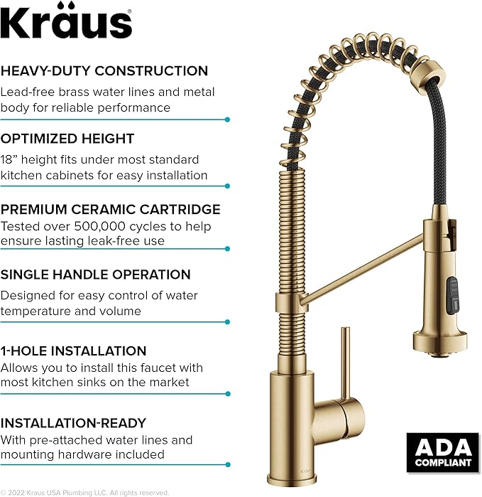 KRAUS Bolden Commercial Style Pull-Down Single Handle 18-Inch Kitchen Faucet in Brushed Brass, KPF-1610BB