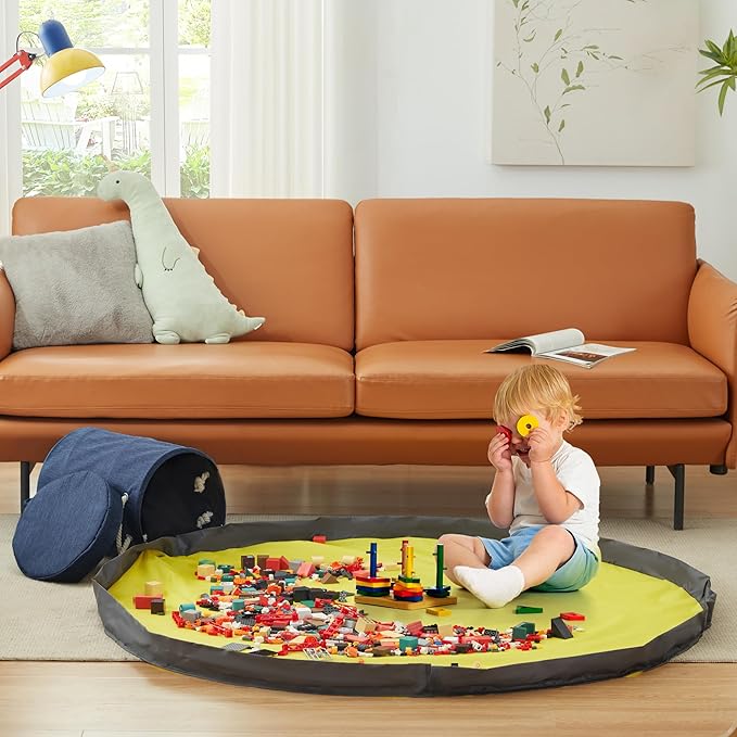 EXQ Home Toy Storage Basket and Building Bricks Toy Play Mat for Kids Rooms (11.8 x15 inches) - Organizer Storage Organizer for Toys, Playroom Canvas Bag Gift for Boy/Girls Navy Blue