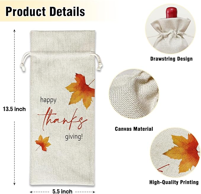 Wine Canvas Bag, Thanksgiving Wine Gift Bag, Thanksgiving Gifts for Women Men Friends Autumn Harvest Party Wine Bags for Wine Bottles, Wine Gifts With Drawstring Holiday Fall Party Decoration -WB34