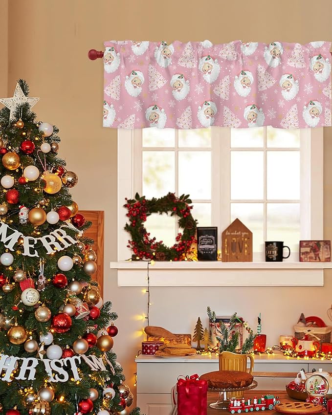 Pink Christmas Valance Curtains for Kitchen Windows Santa Claus Merry Christmas Tree Rod Pocket Window Treatment Toppers for Kitchen/Living Room/Bedroom/Bathroom, 60" X 18", Winter Snowflake
