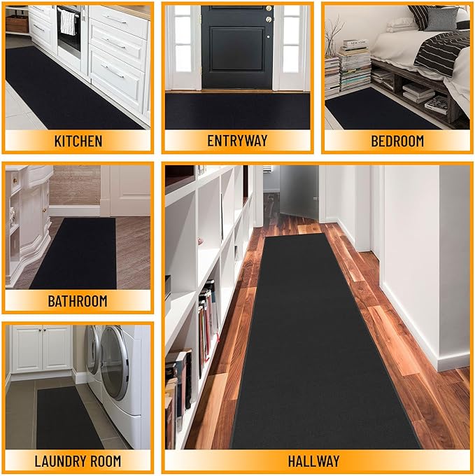 Machine Washable Modern Solid Design Non-Slip Rubberback 2x12 Traditional Runner Rug for Hallway, Kitchen, Bedroom, Living Room, 1'10" x 12', Black