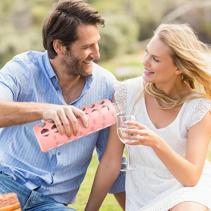 MUKOKO Glass Water Bottles, 24oz Glass Tumbler, Drinking Bottles with 2 Lids-Handle Flip Straw Lid&Bamboo Lid, Motivational Water Bottle with Time Marker and Silicone Sleeve, Leakproof-1 Pack-Pink