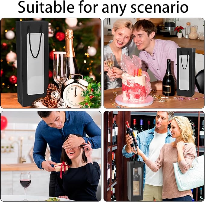 Ssyuysto 12 Pcs Black Wine Gift Bag with Window 4.9" x 3.34" x 14.1" Kraft Paper Wine Bags with Windows Flower Wrapping Bag Transparent Window Bags for Birthday Wedding Party Gift (Black)