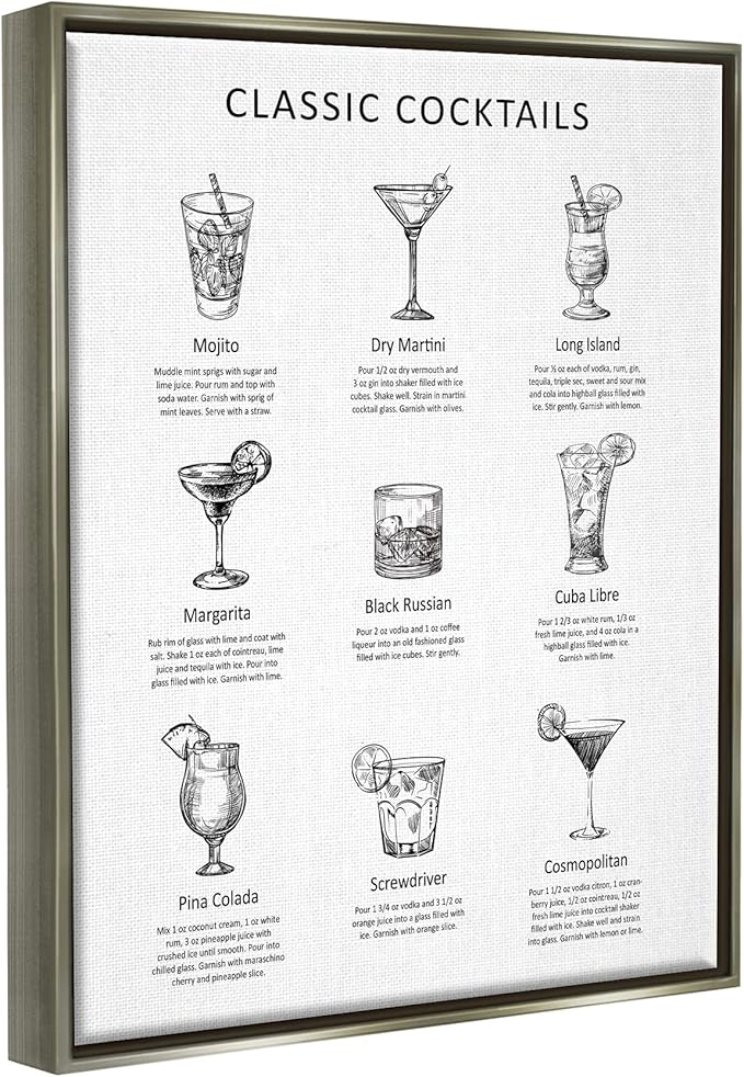 Stupell Industries Classic Cocktails Mixed Drinks Kitchen Bar Sign Chart, Design by Lettered and Lined, 16 x 20, Grey Floater Framed