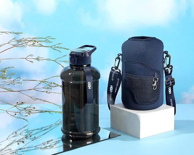 H2O Capsule 2.2L Half Gallon Water Bottle with Storage Sleeve and Removable Straw – BPA Free Large Reusable Drink Container with Handle - Big Sports Jug, 2.2 Liter (74 Ounce), Navy Blue