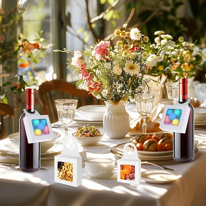 Gjinxi Kraft Paper Wine Bottle Box 10 Pcs Hanging Foldable Gift Boxes with Window Hanging Wine Accessory Sets Folding White Bags Hanger Favor Box for Kitchen Dining Engagement Decoration